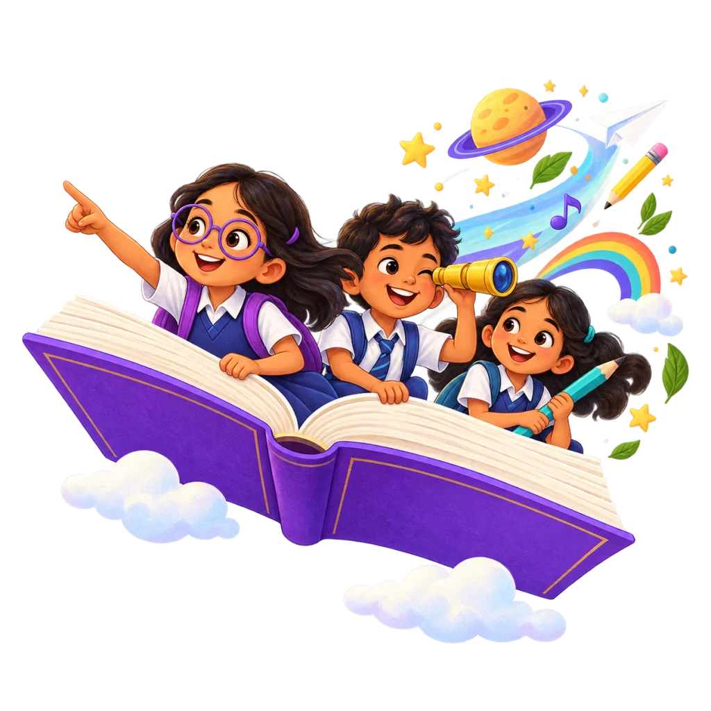 Three curious children flying on an open book through a world of stars, pencils and possibilities